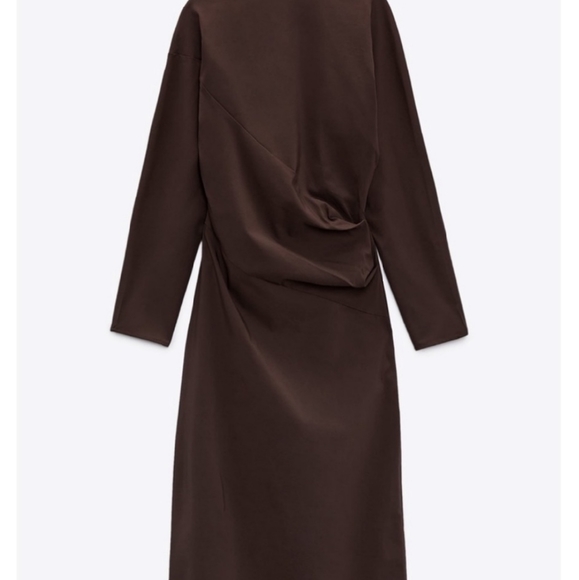 NWT Zara Ruched Brown Midi Dress - Picture 7 of 9